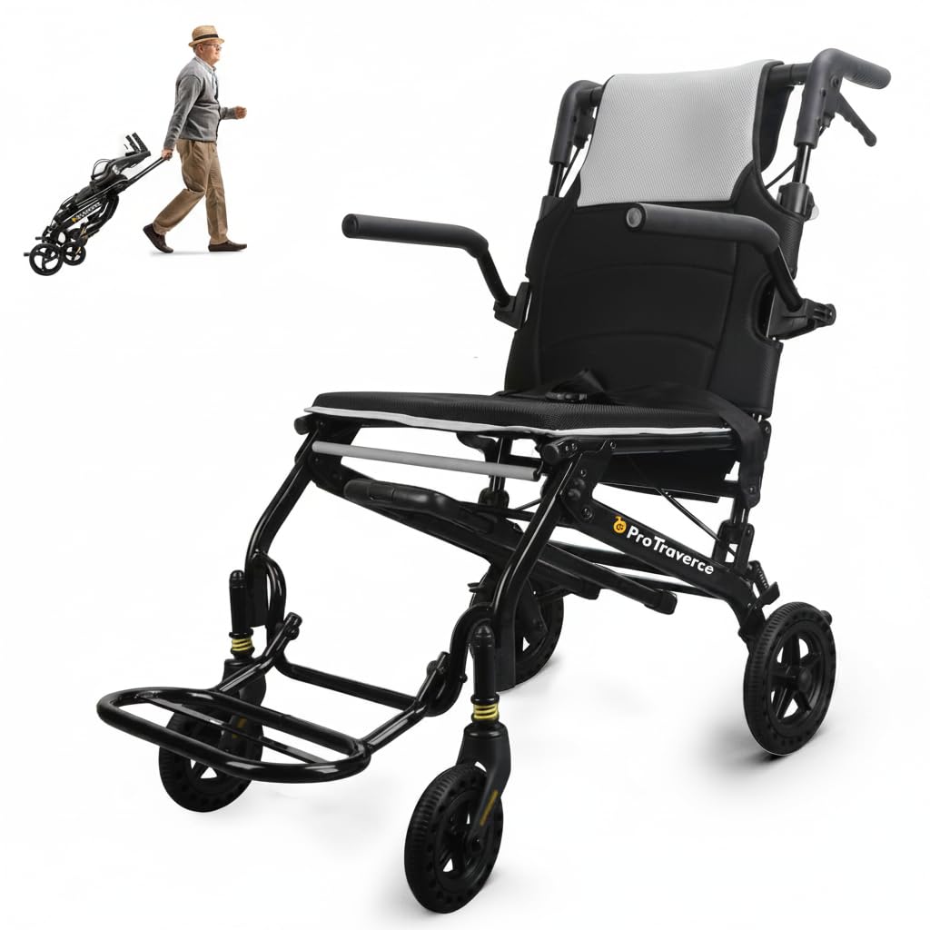 Lightweight Foldable Transport Wheelchair with Telescopic Handle, 18-Inch Seat, Grey J682