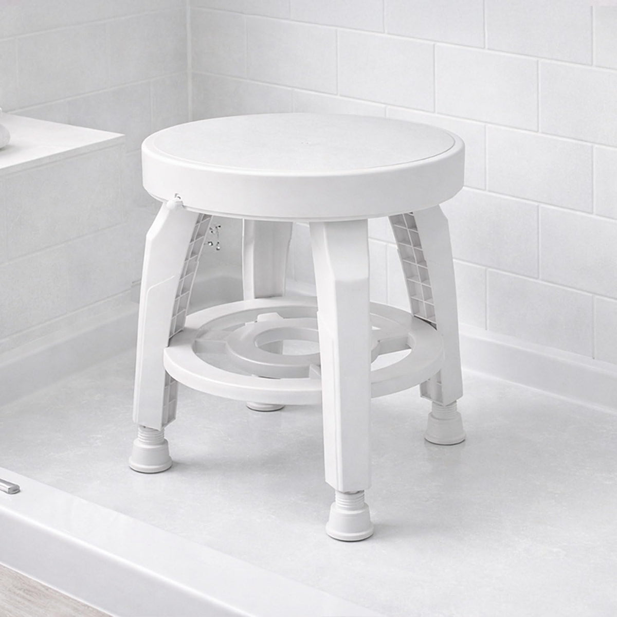 White Swivel Shower Stool Seat with Storage Shelf S70968