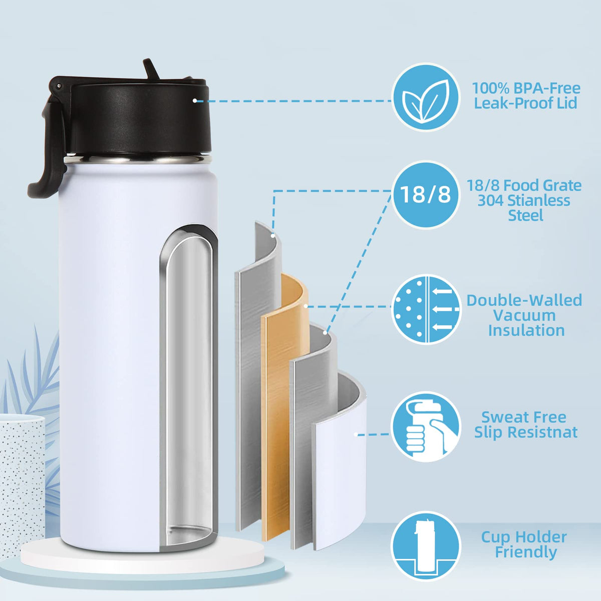 16 OZ Insulated Stainless Steel Kids Water Bottle 8 Pack with Straw Lid M299748