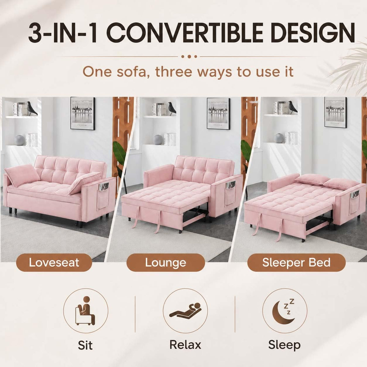 Pink Velvet Convertible Sofa Bed Y524290
