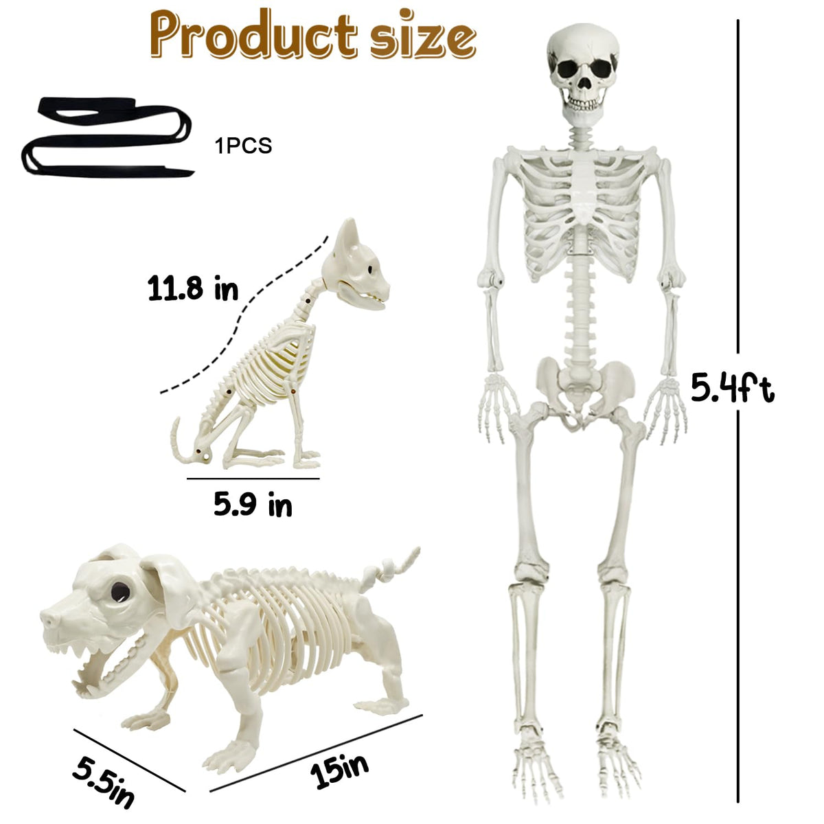 5.4Ft Posable Halloween Skeleton with Dog Cat Skeleton H19308