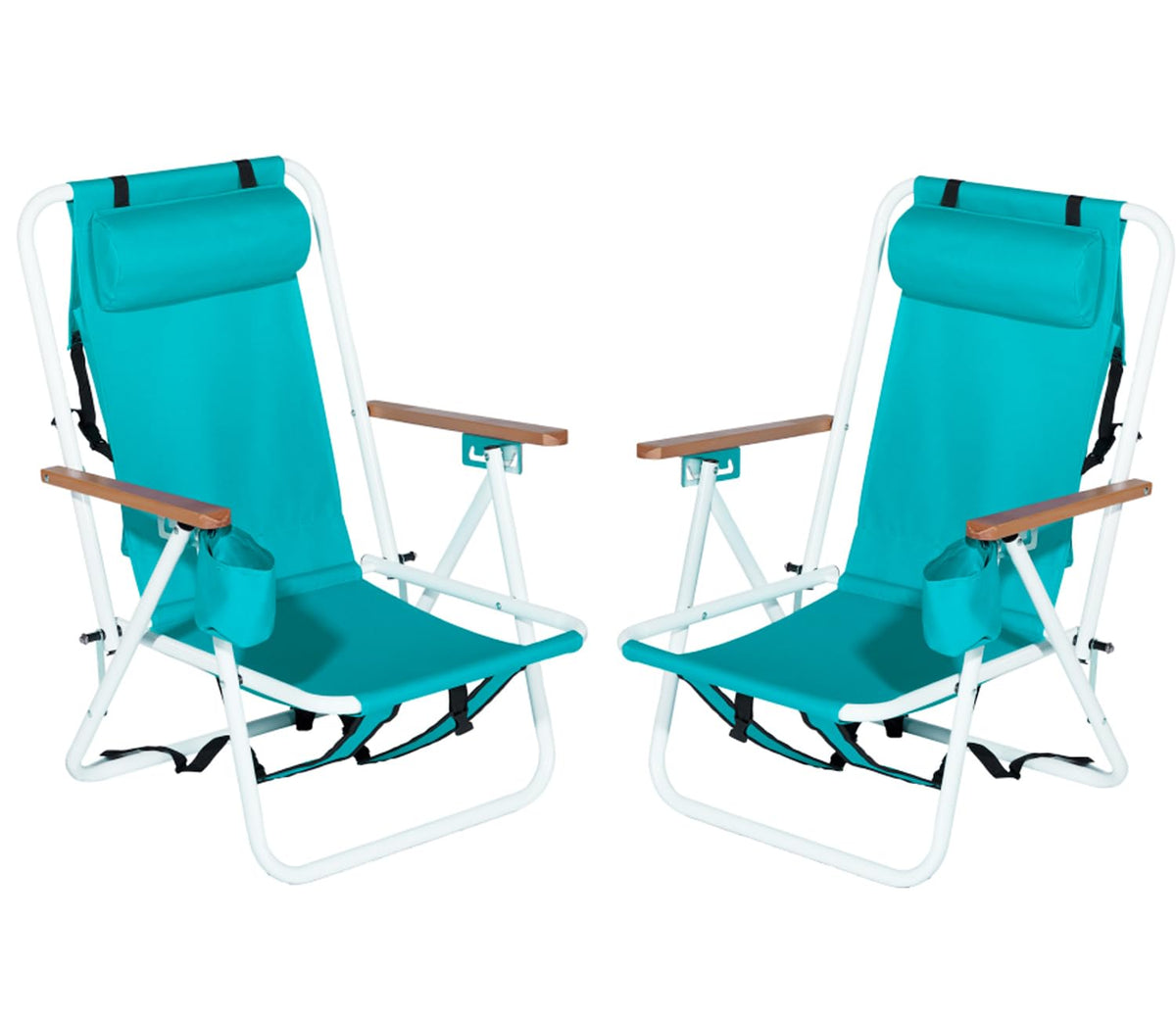 Set of 2 Folding Backpack Beach Chairs with Cup Holder (Green) J93754