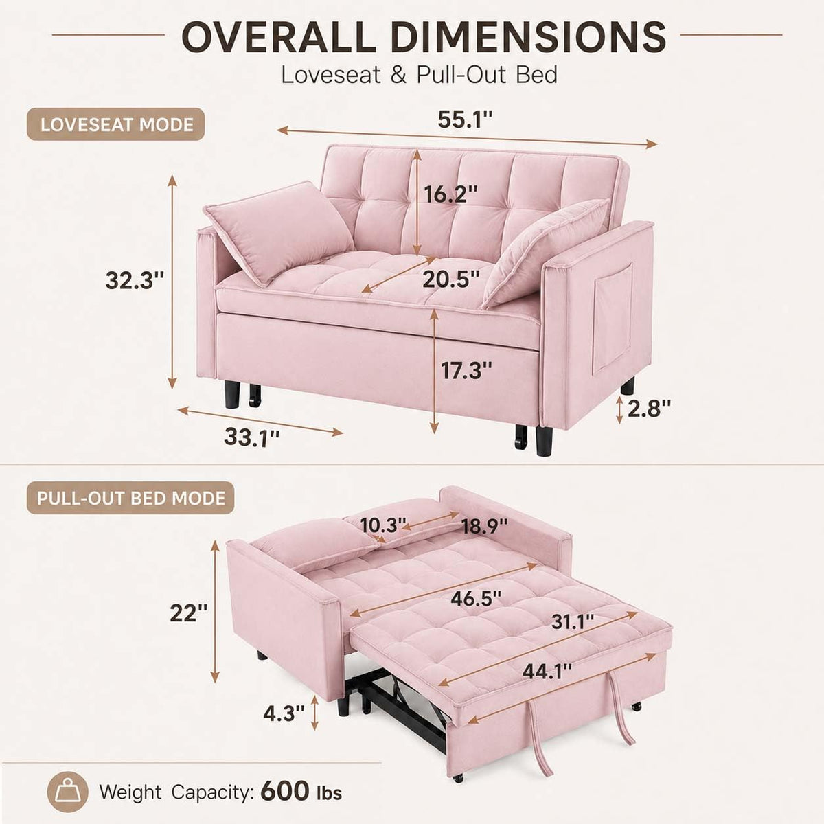 Pink Velvet Convertible Sofa Bed Y524290