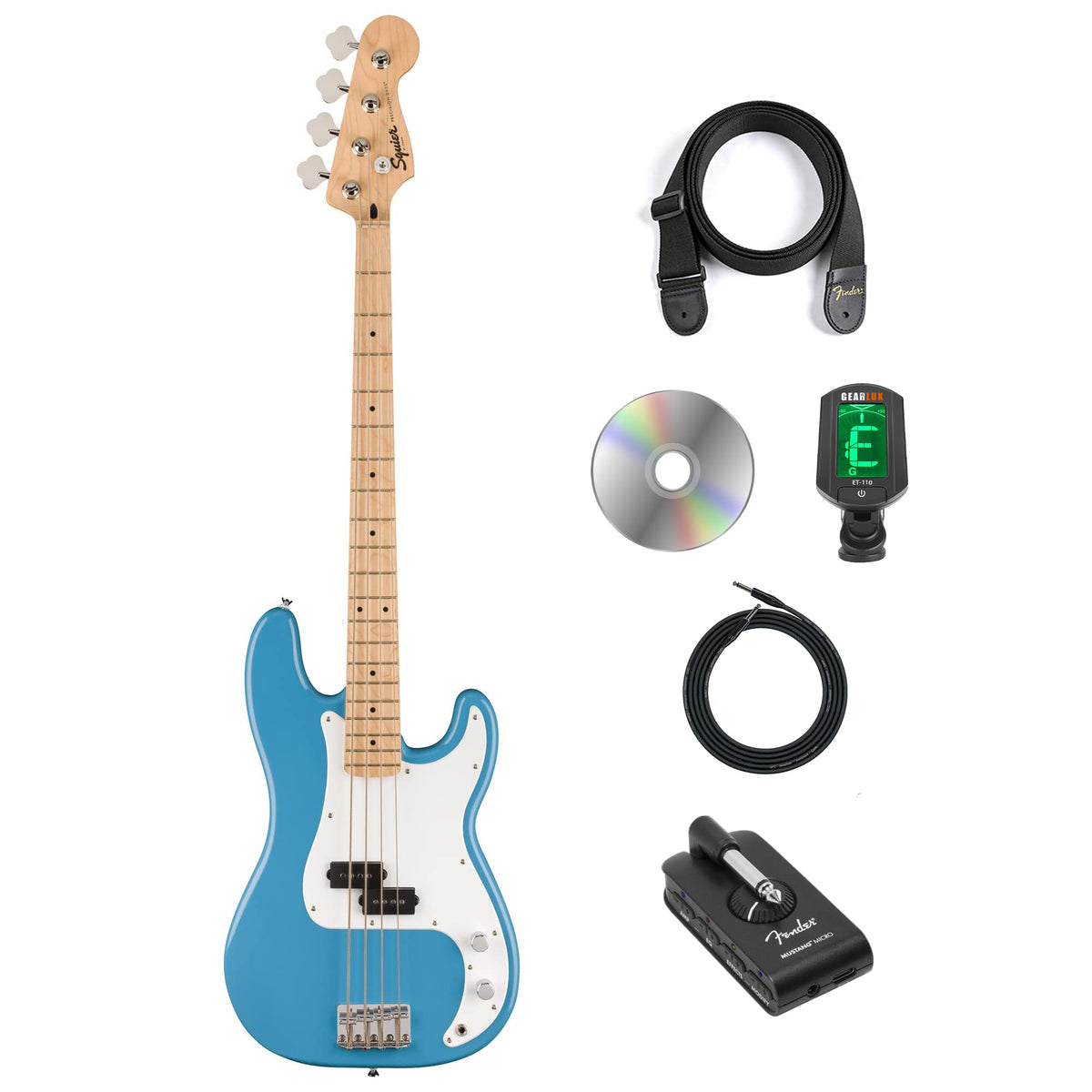 California Blue Precision Bass Guitar Bundle with Headphone Amp, Cable, Tuner, Strap S9206