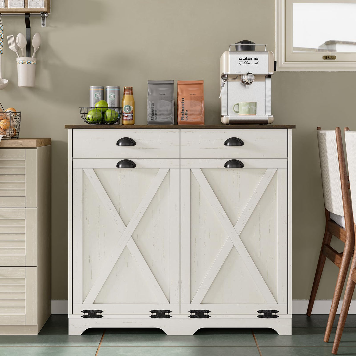Antique White Double Tilt Out Trash Can Cabinet V62598