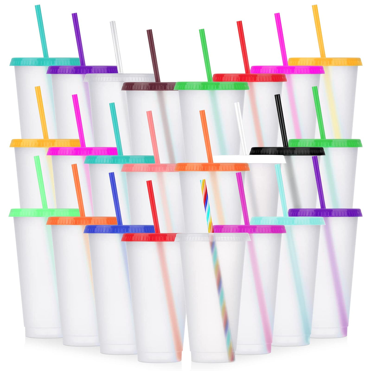 24 Pack Clear Plastic Tumblers with Lids and Straws V376