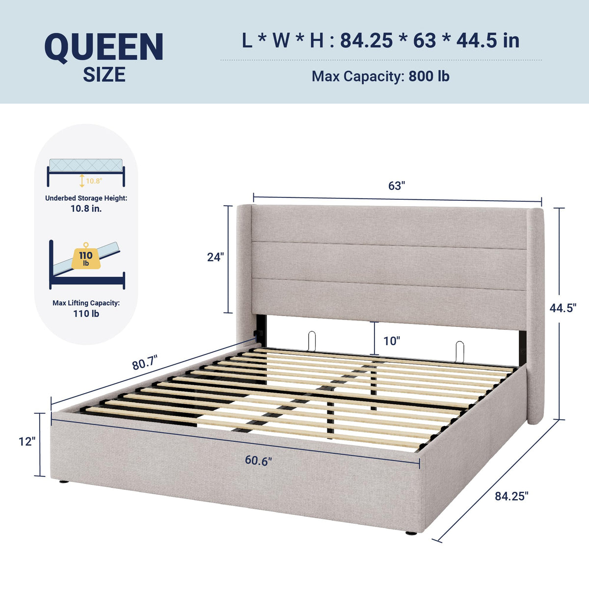 Queen Size Lift Up Storage Bed Frame Light Beige A86070