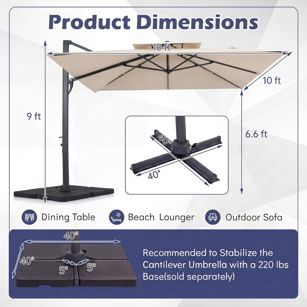 10 FT Square Offset Cantilever Patio Umbrella with 360° Rotation E718