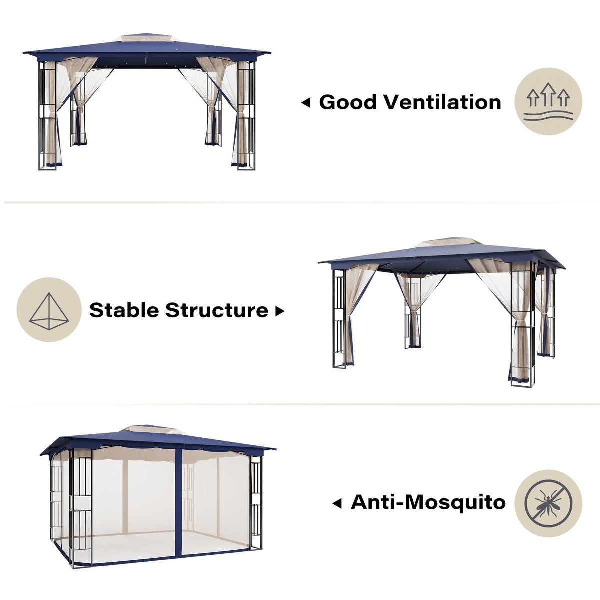 13' x 11' Navy Blue Outdoor Patio Gazebo with Mosquito Netting U3734