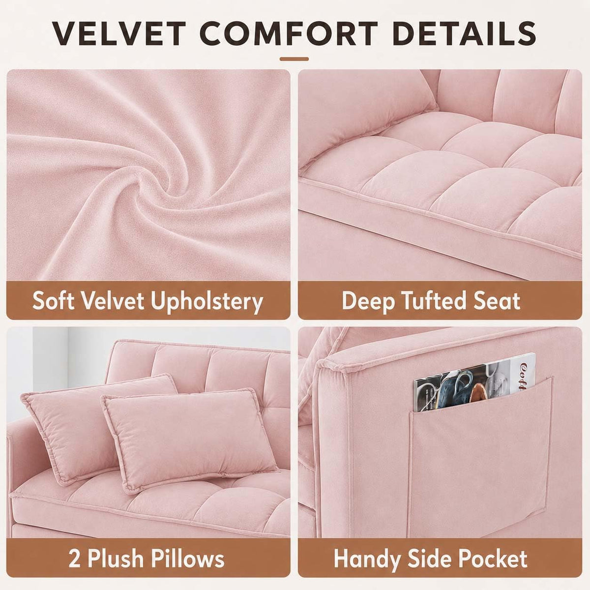 Pink Velvet Convertible Sofa Bed Y524290