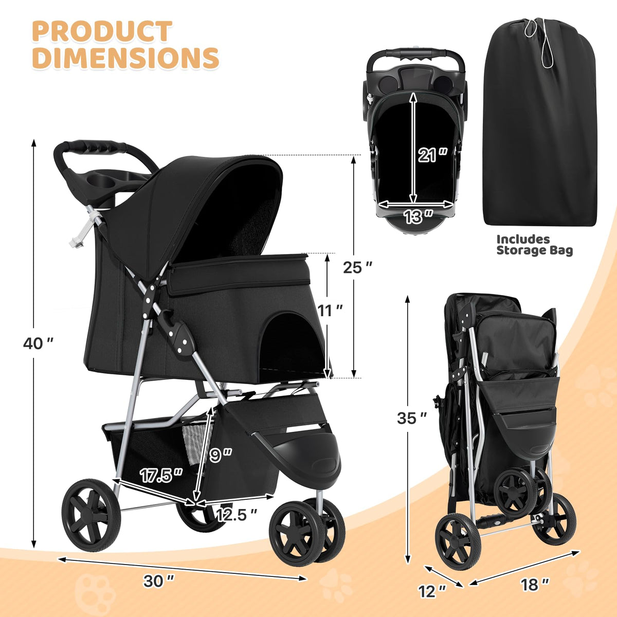 3-Wheel Pet Stroller for Small/Medium Dog Cat, Up to 33lbs, Black S7052