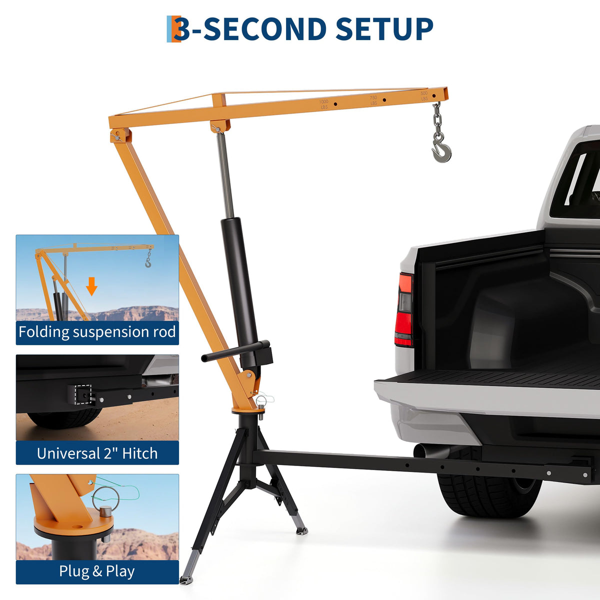 Hydraulic Pickup Truck Crane, 1000 Lbs Hitch Mount with 360° Swivel & Adjustable Boom Q25233