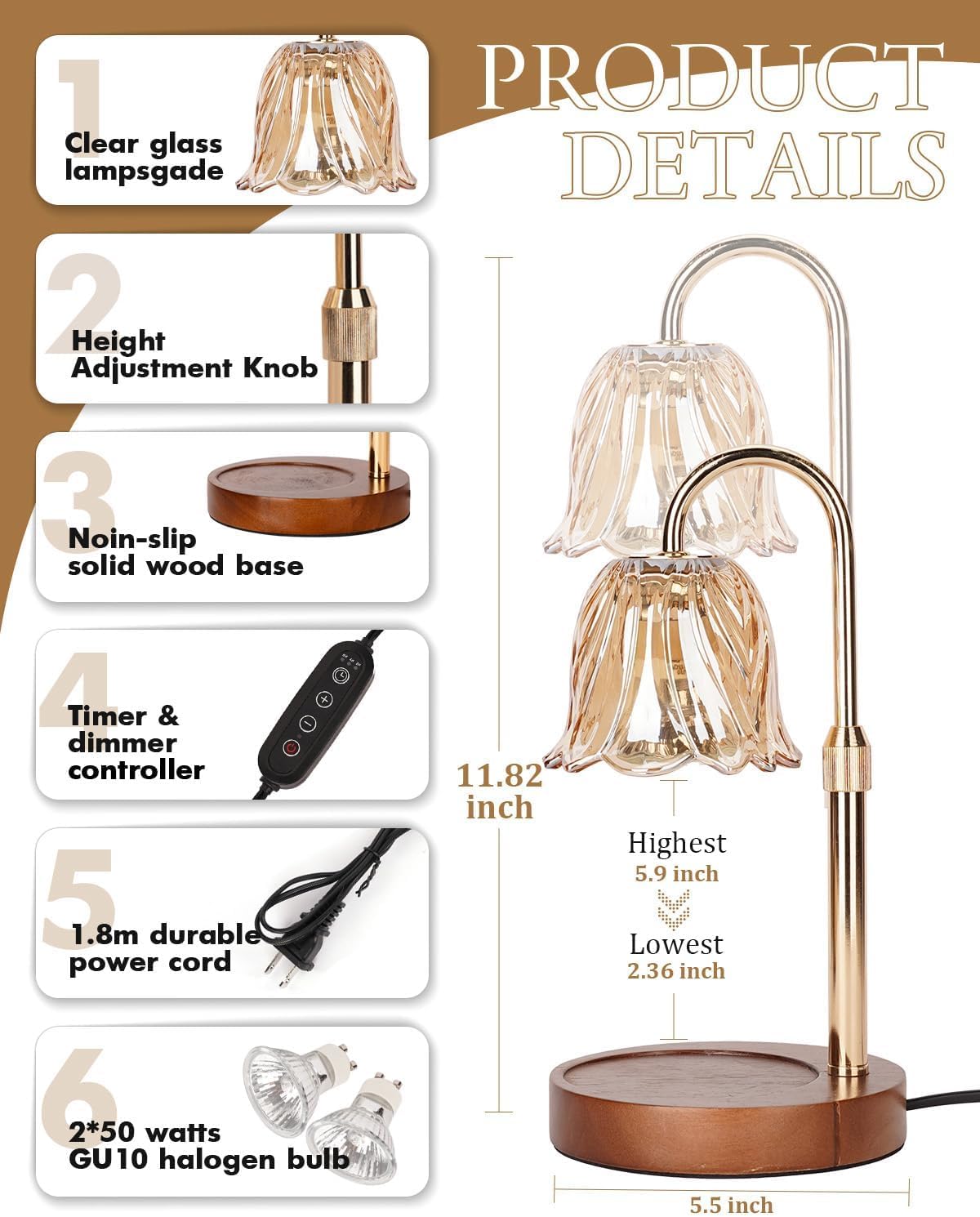 Gold Candle Warmer Lamp with Timer & Dimmer E3257
