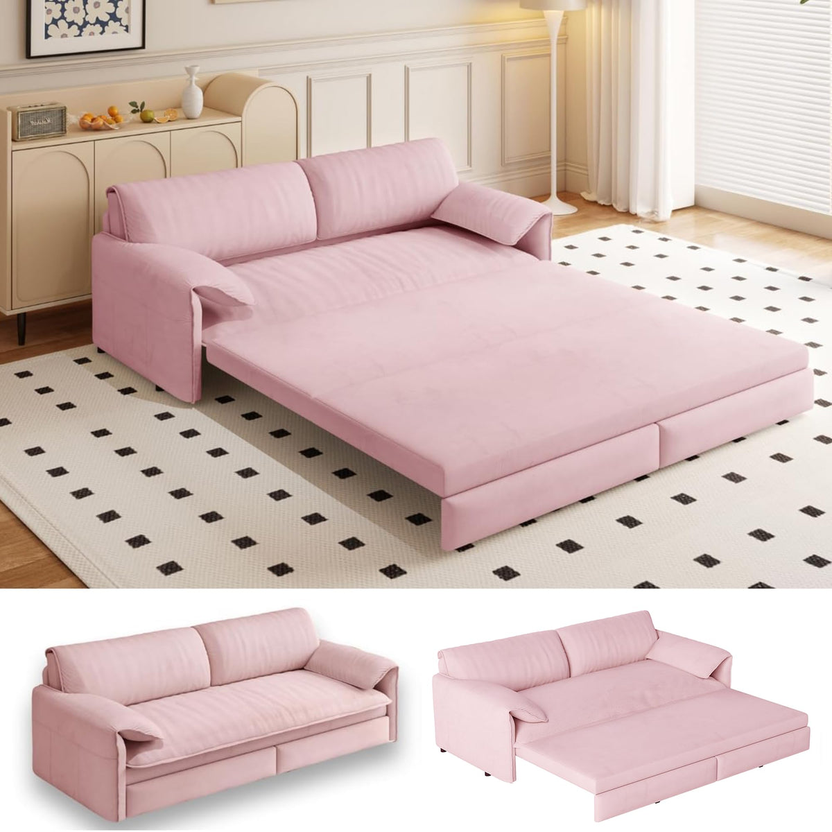 Queen Size Pink Velvet Convertible Futon Sofa Bed Q619222