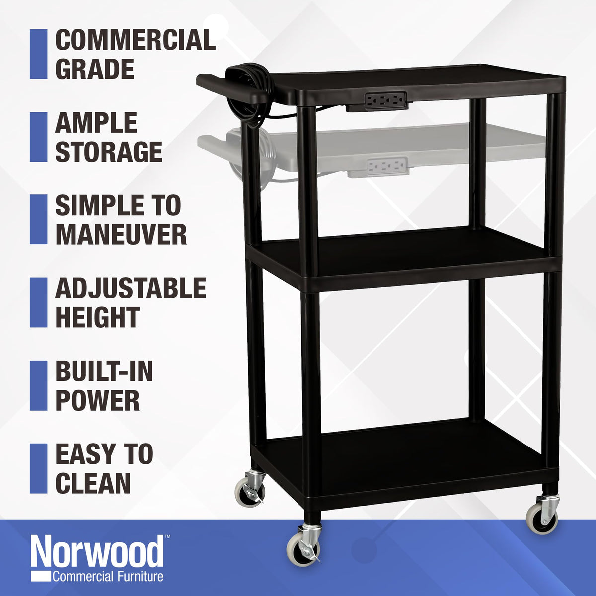 Mobile Utility AV Cart with Power Strip and Casters, Black L606