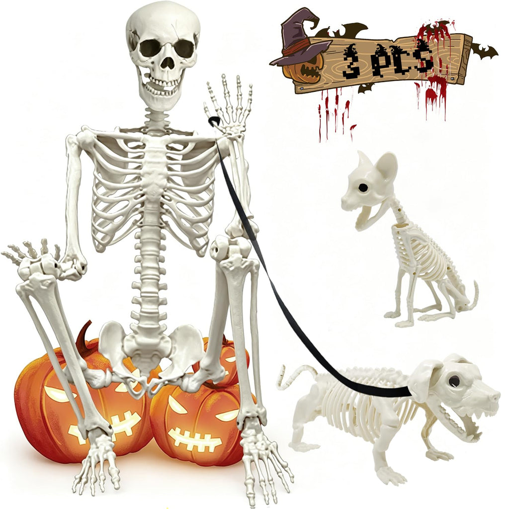 5.4Ft Posable Halloween Skeleton with Dog Cat Skeleton H19308
