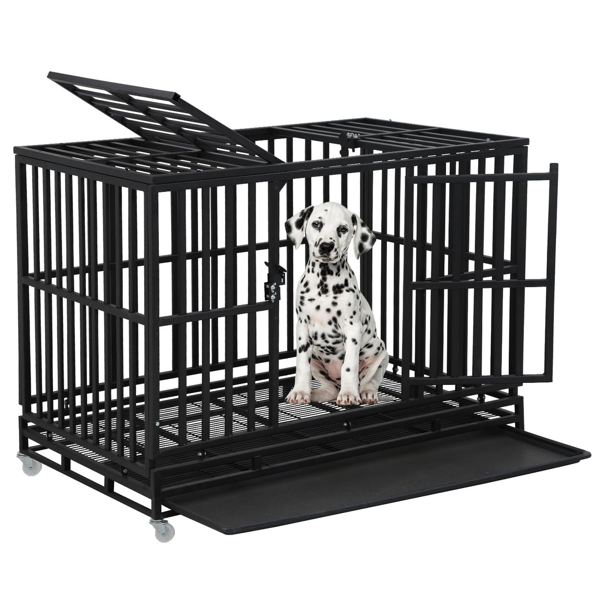 48 Inch Heavy Duty Dog Crate with Plastic Tray Double Doors B203095