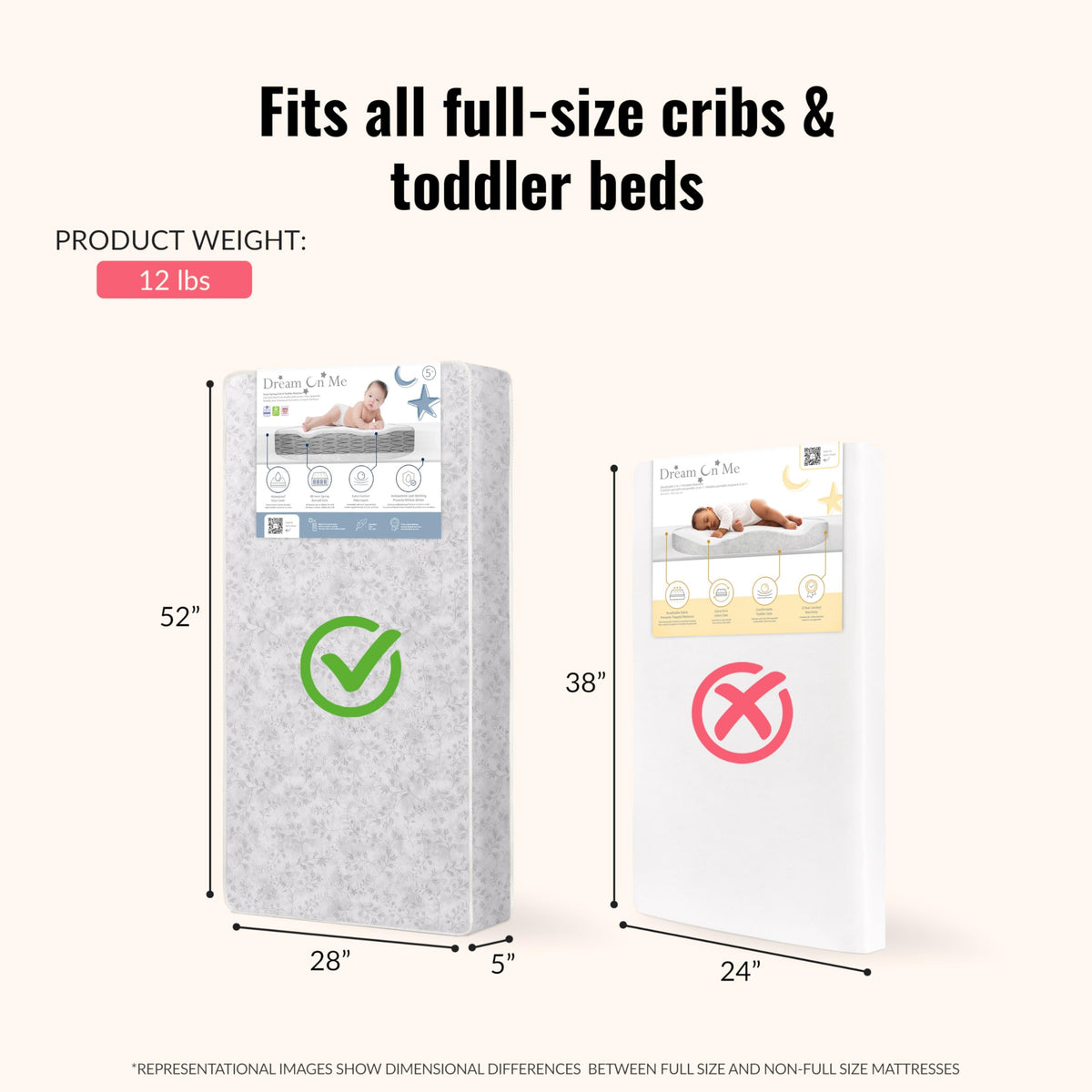 Baby Crib Mattress, Reversible, Waterproof Cover, 52" x 28" x 5" D610806