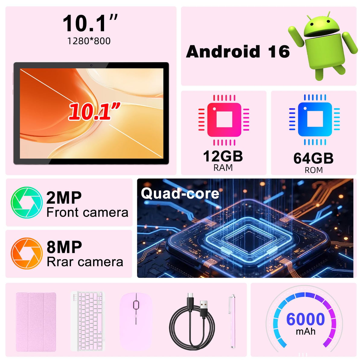 Android 16 10 Inch Tablet 12GB RAM 64GB ROM Pink E6719
