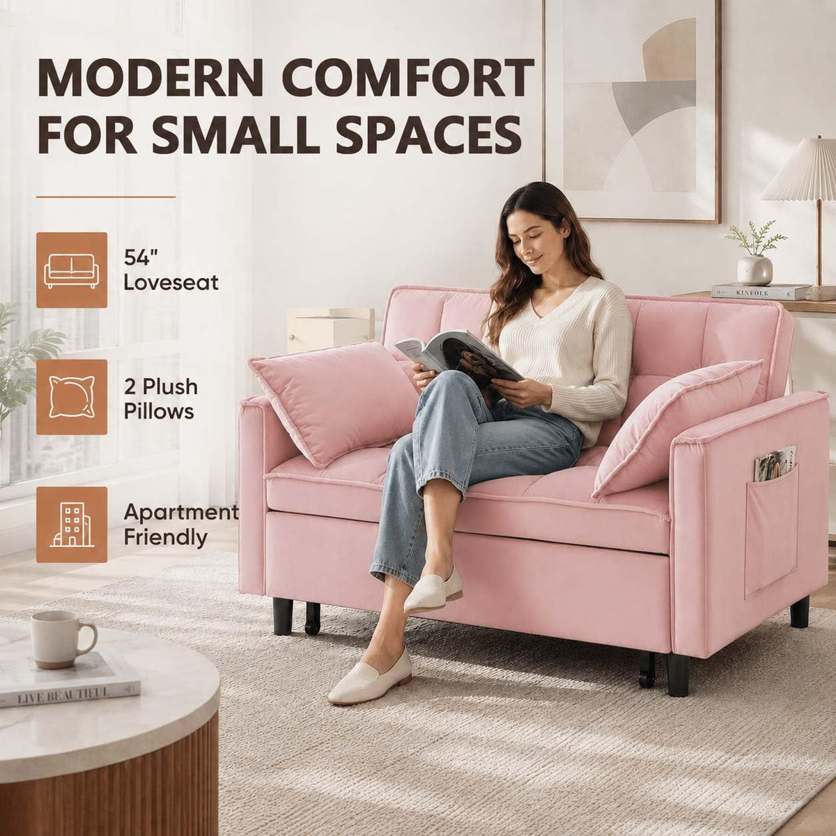 Pink Velvet Convertible Sofa Bed Y524290