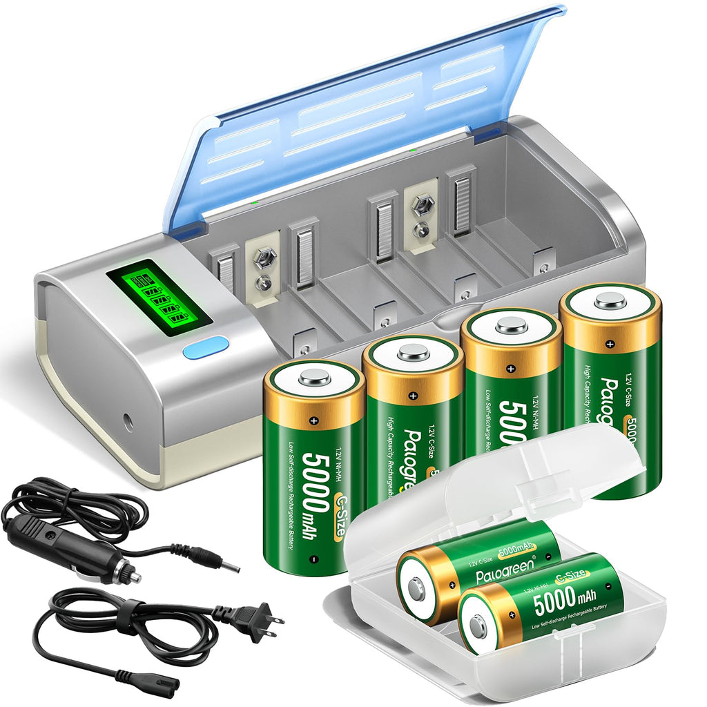 Rechargeable C Batteries with Charger, 6-Pack 1.2V NiMH 5000mAh O270170