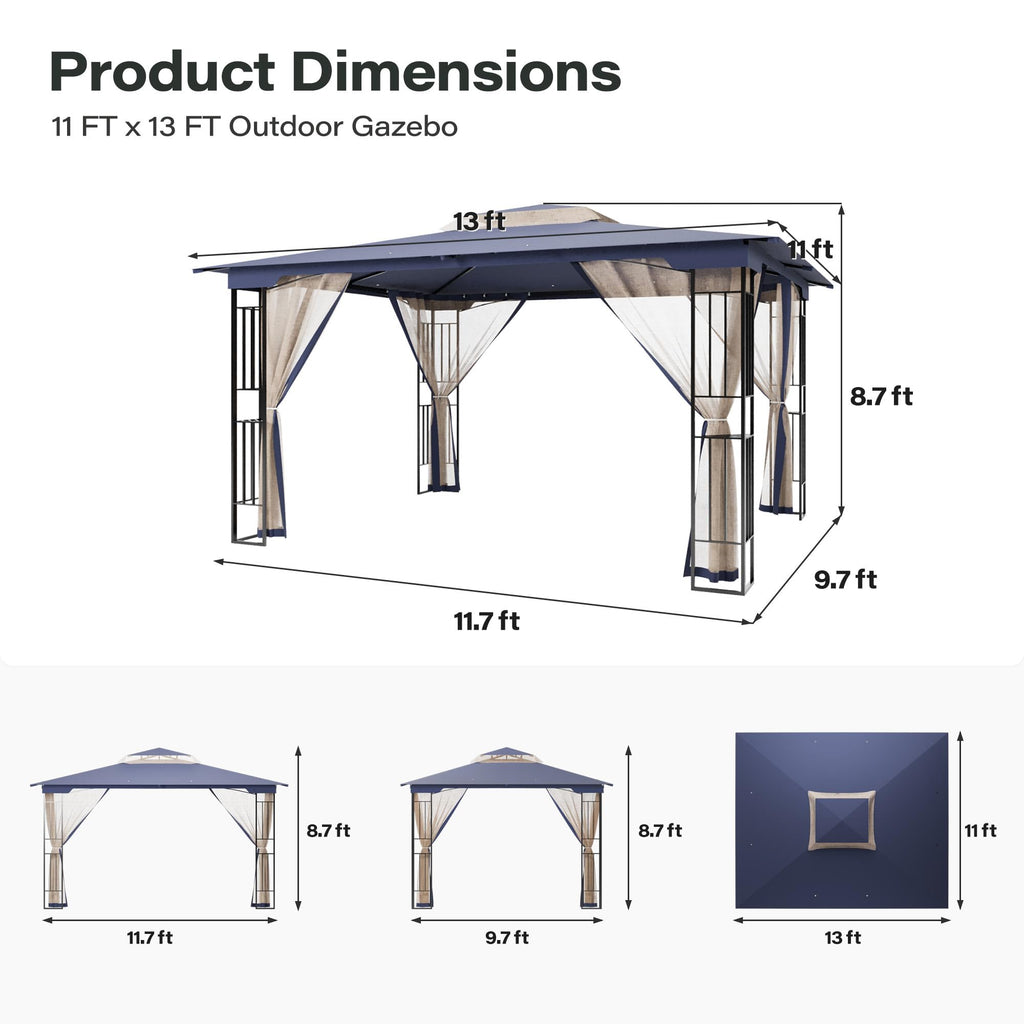 13' x 11' Navy Blue Outdoor Patio Gazebo with Mosquito Netting U3734
