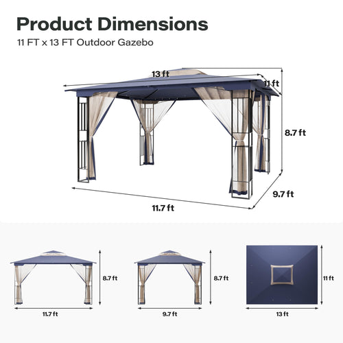13' x 11' Navy Blue Outdoor Patio Gazebo with Mosquito Netting U3734