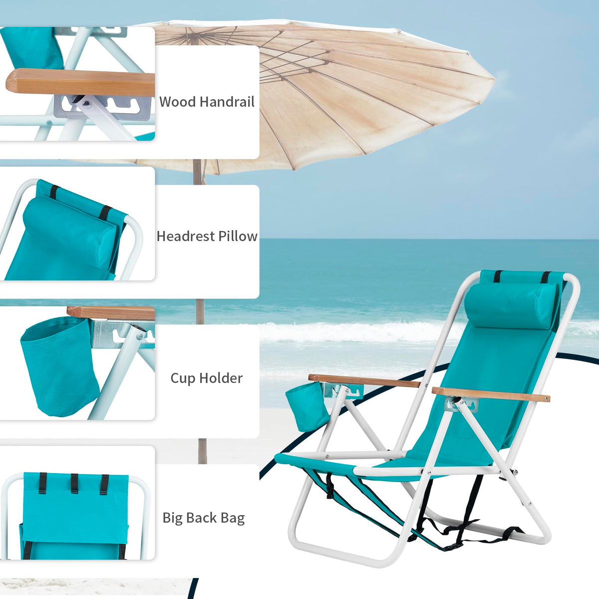 Set of 2 Folding Backpack Beach Chairs with Cup Holder (Green) J93754