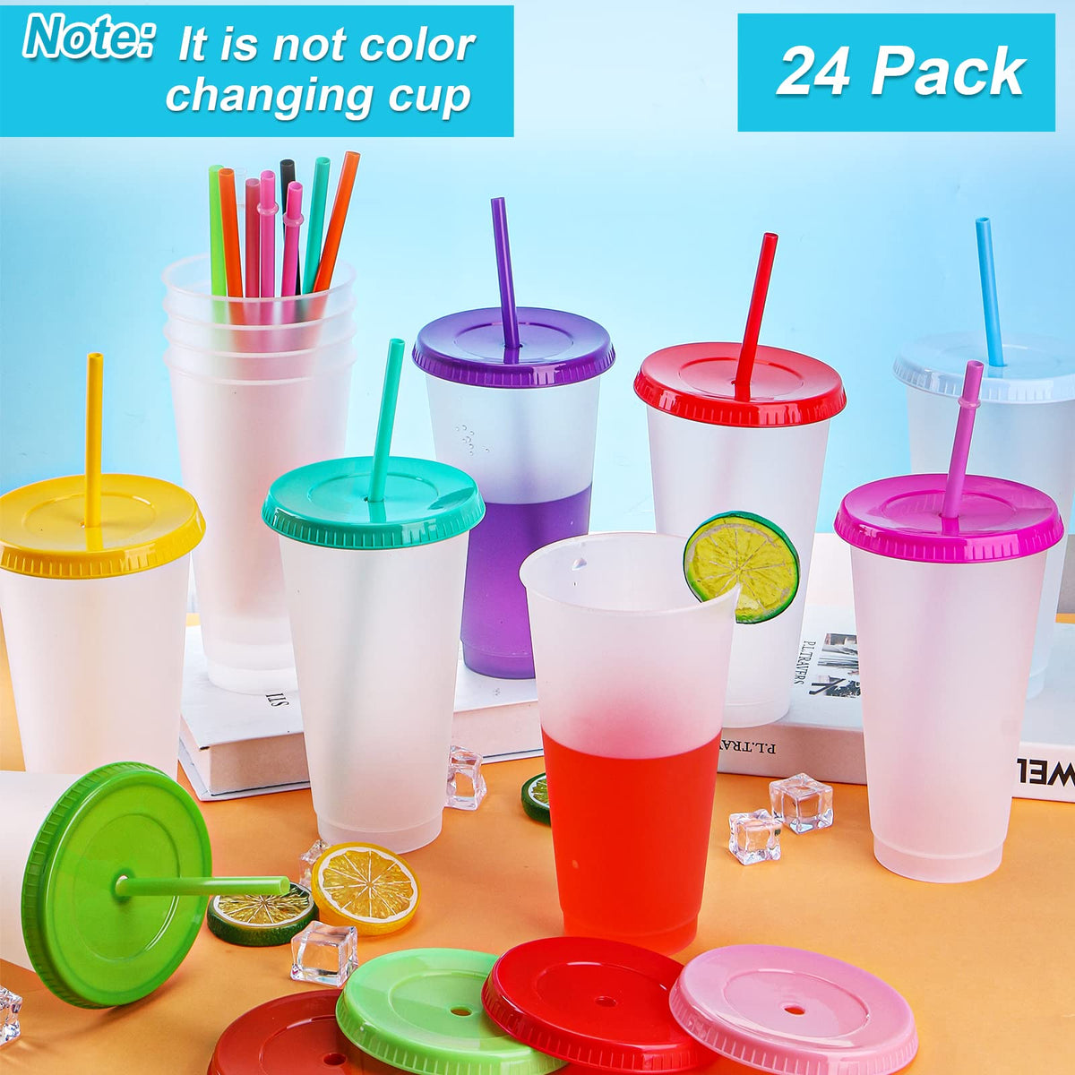 24 Pack Clear Plastic Tumblers with Lids and Straws V376