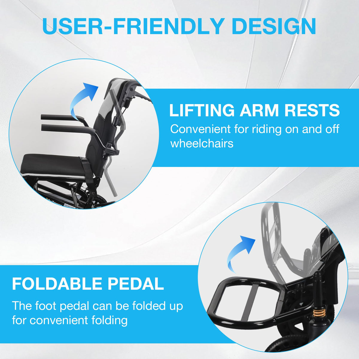 Lightweight Foldable Transport Wheelchair with Telescopic Handle, 18-Inch Seat, Grey J682