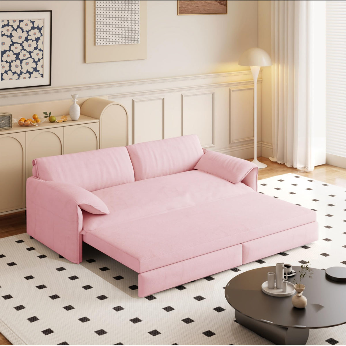 Queen Size Pink Velvet Convertible Futon Sofa Bed Q619222
