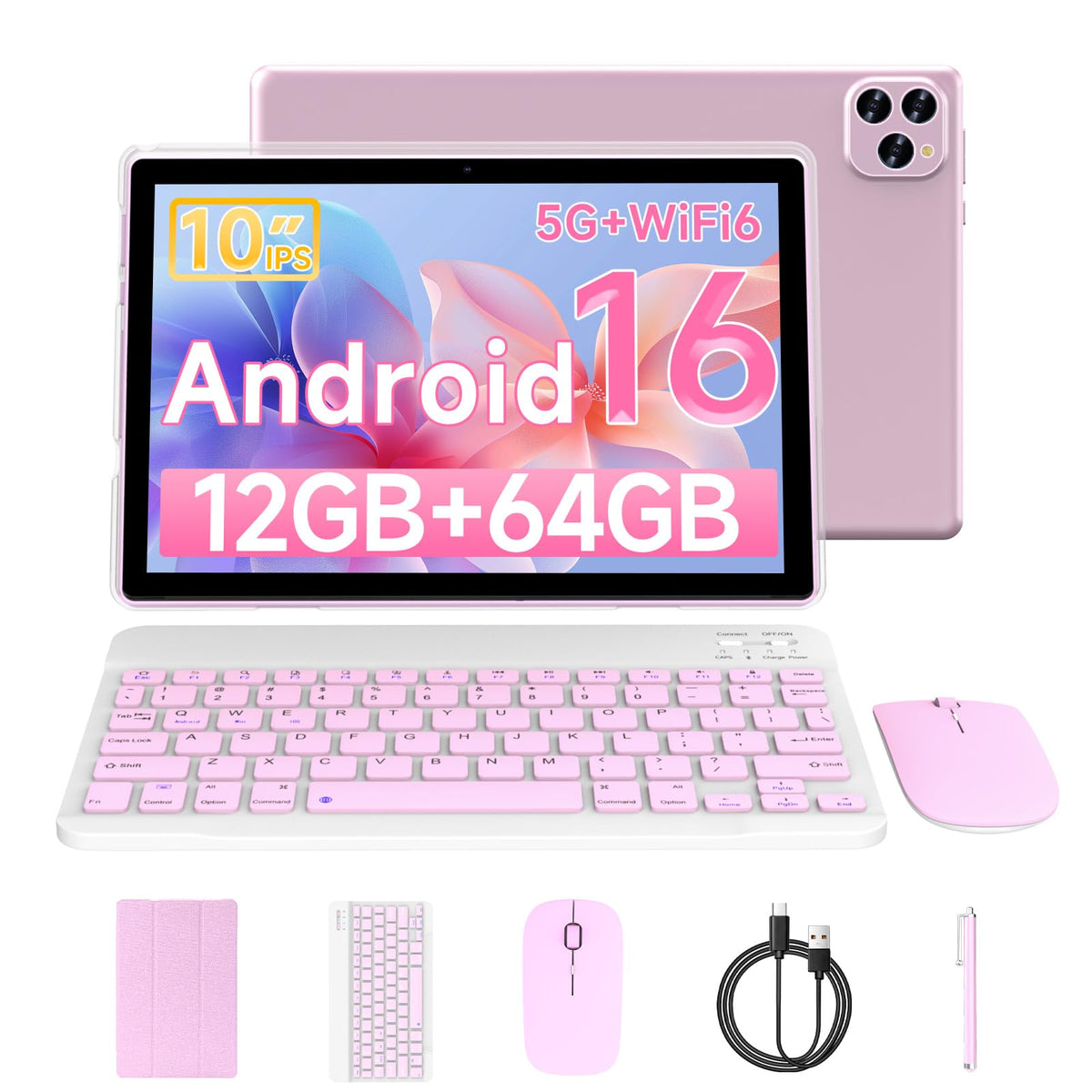 Android 16 10 Inch Tablet 12GB RAM 64GB ROM Pink E6719