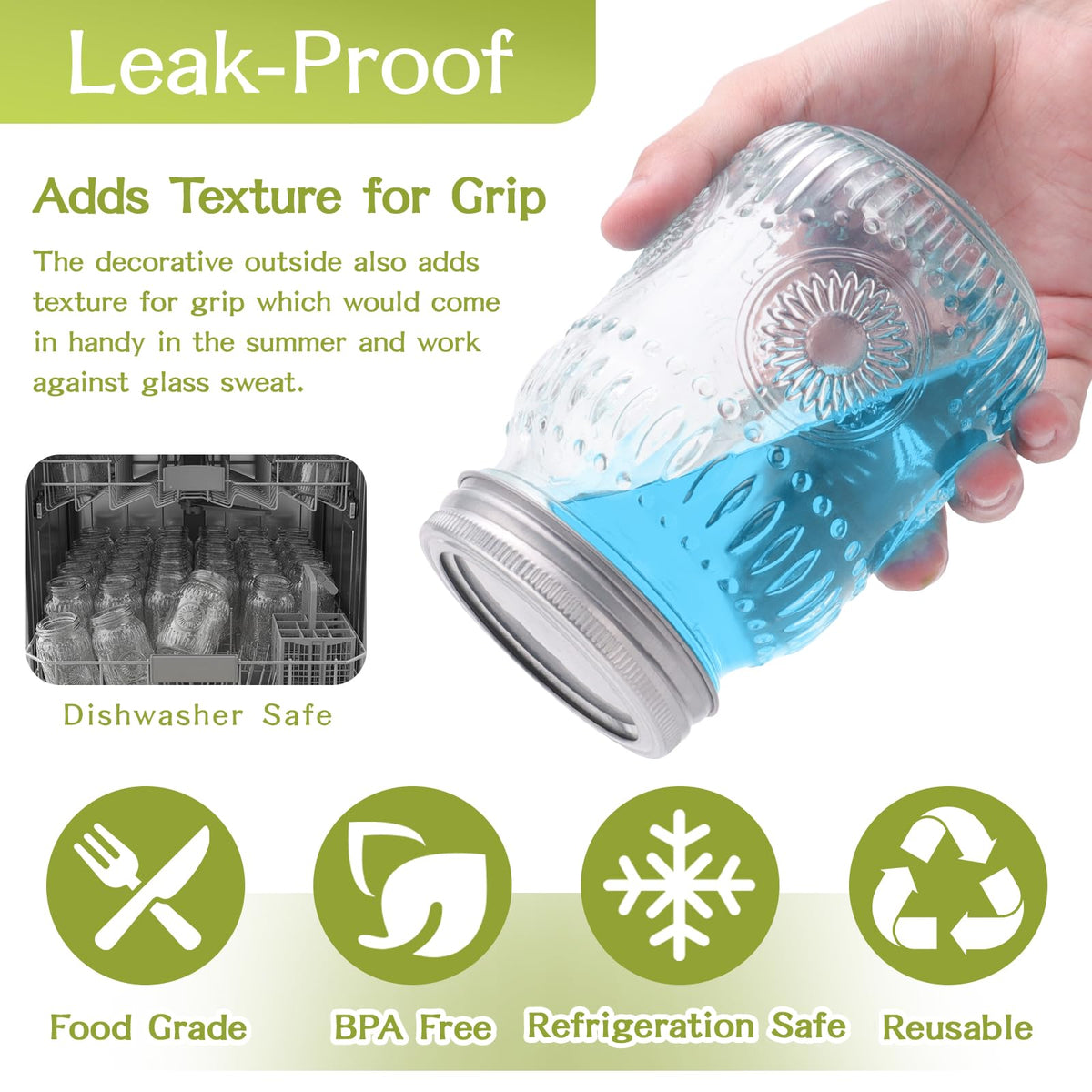 16 oz Embossed Glass Mason Jars 15Pack with Airtight Lids B763578