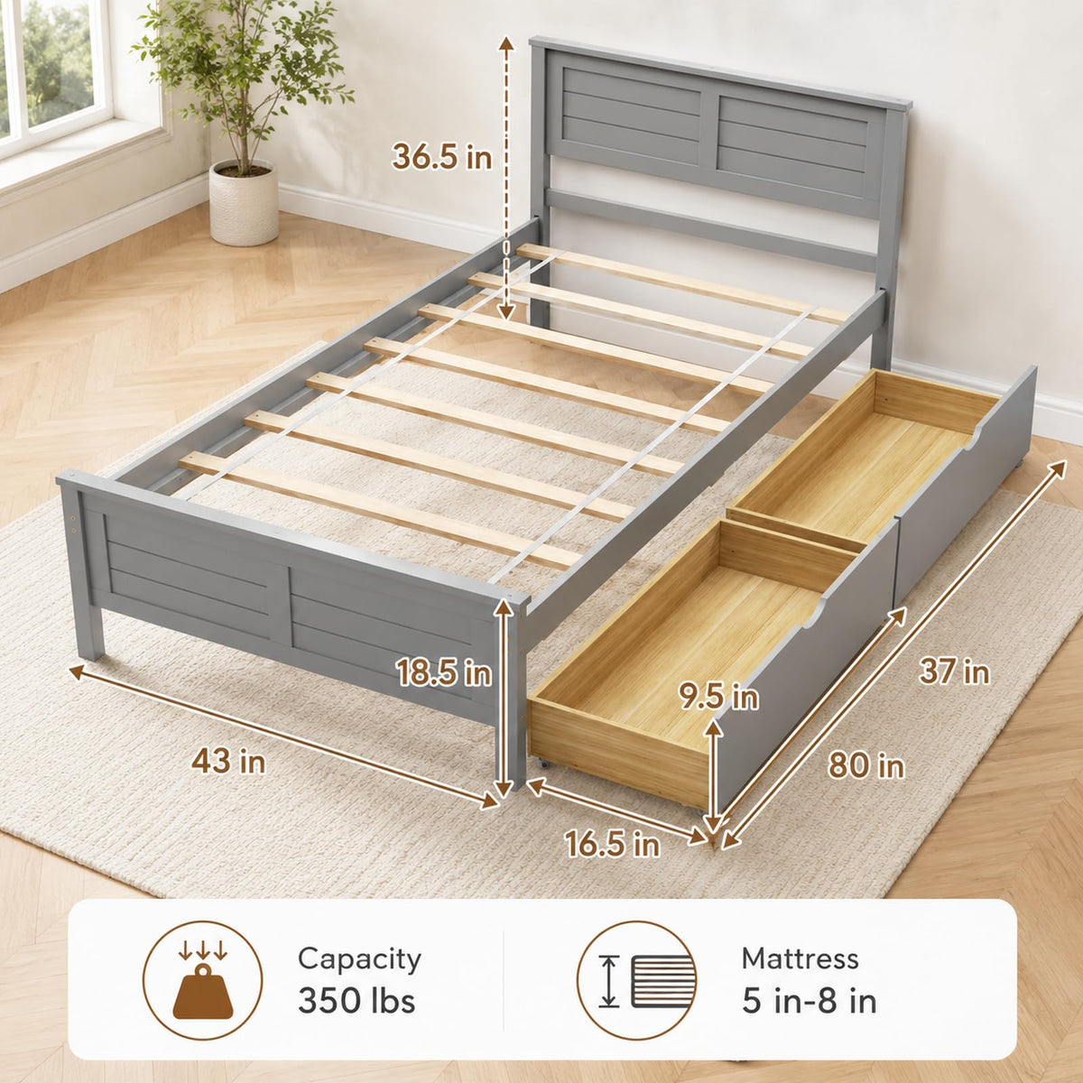 Wood Bed Frame with 2 Drawers & Headboard U924