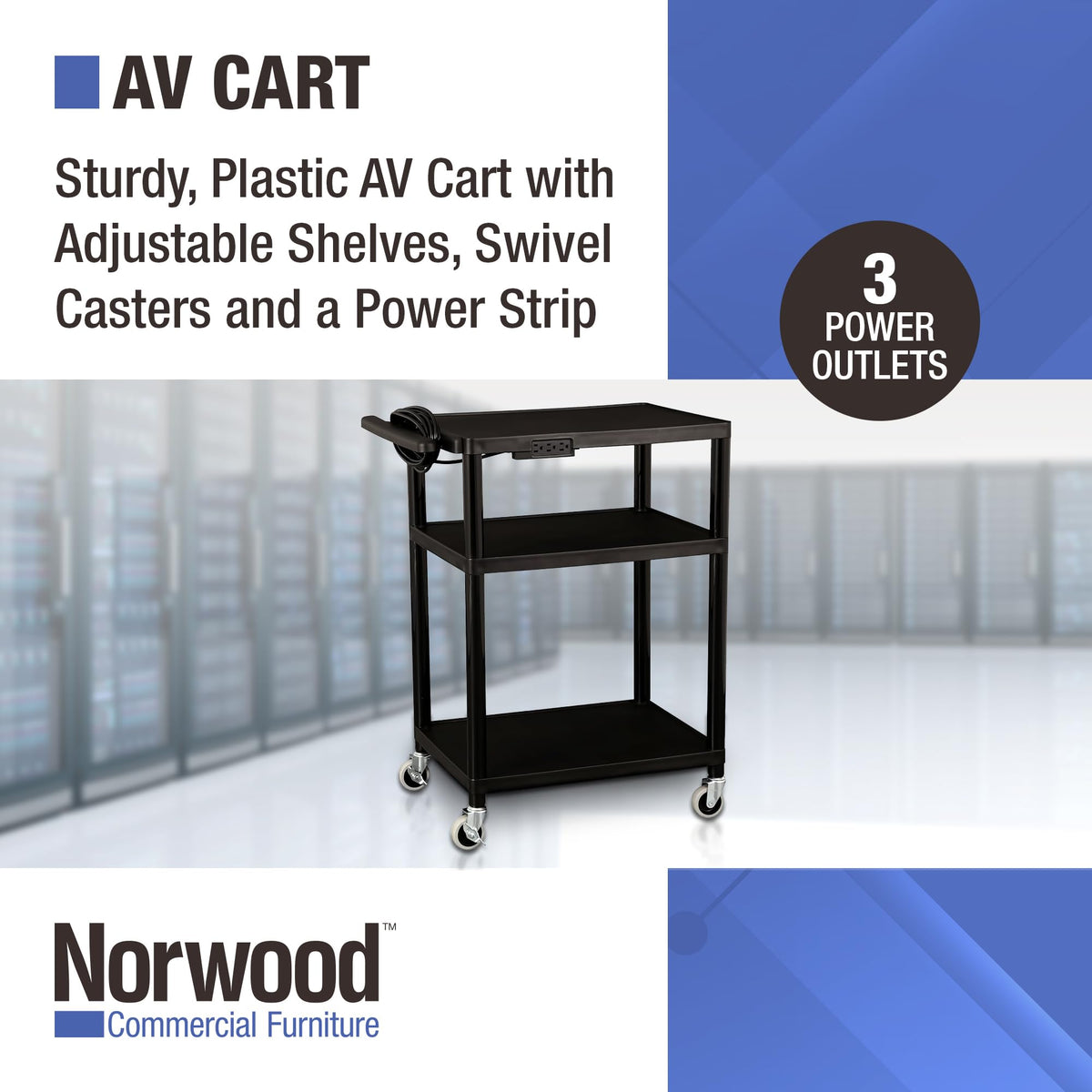 Mobile Utility AV Cart with Power Strip and Casters, Black L606