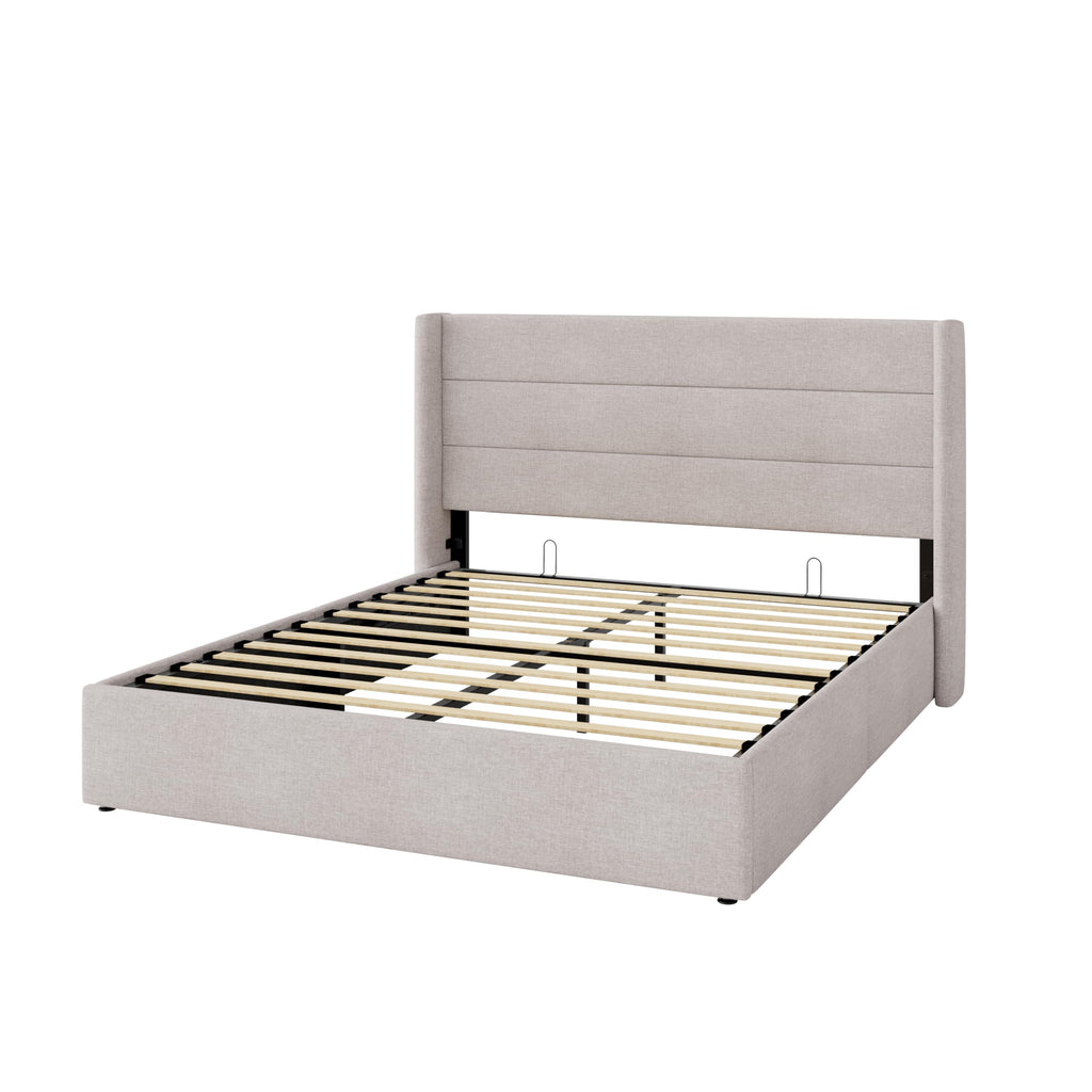Queen Size Lift Up Storage Bed Frame Light Beige A86070