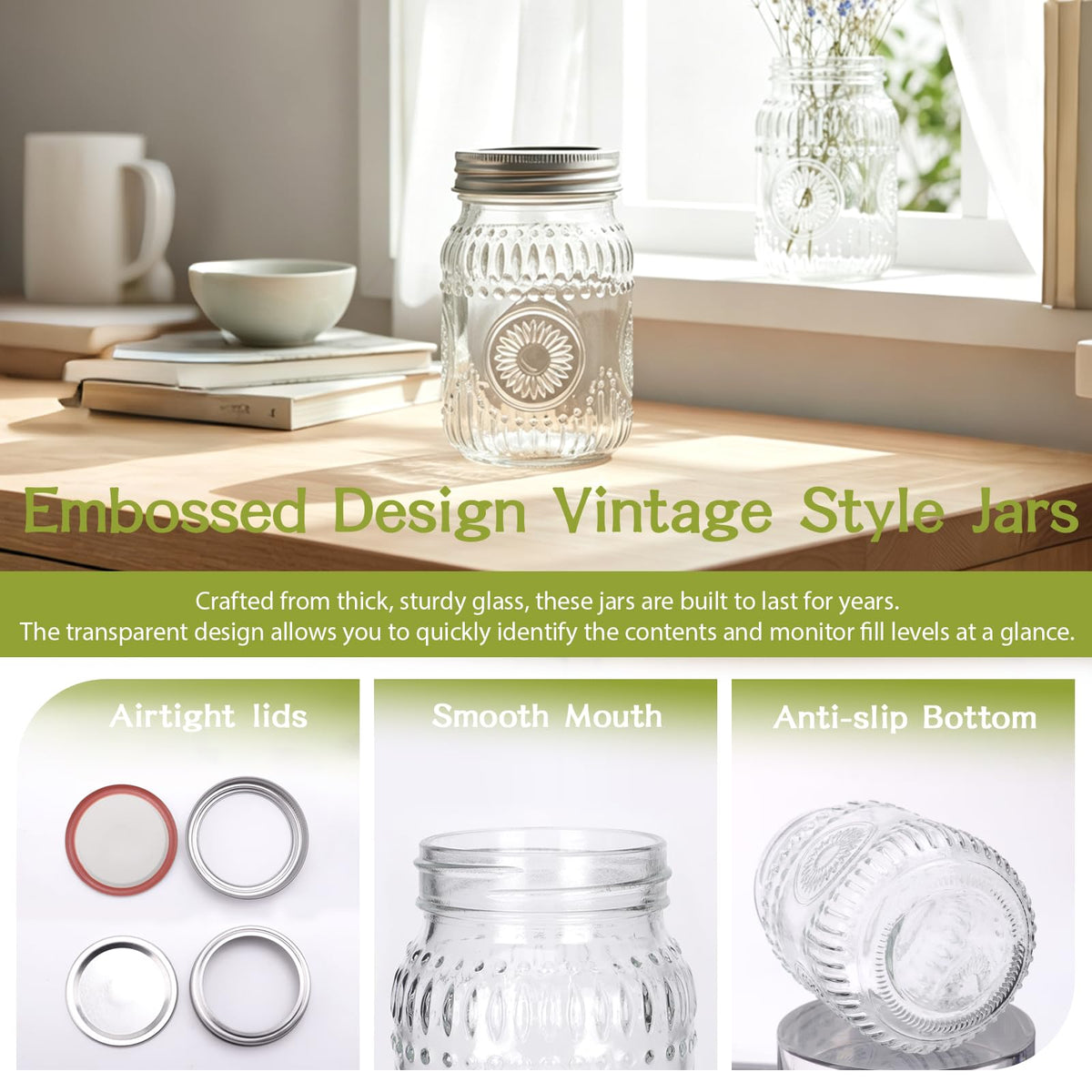 16 oz Embossed Glass Mason Jars 15Pack with Airtight Lids B763578