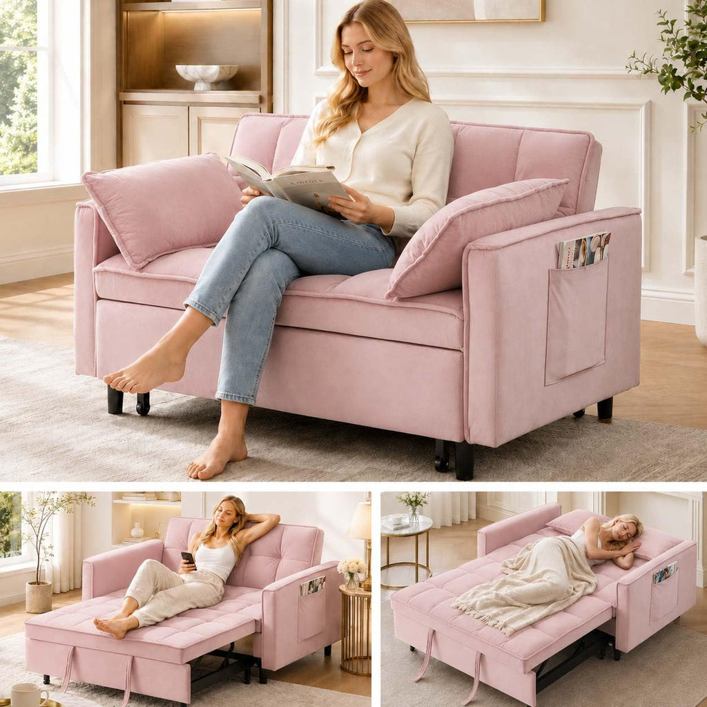 Pink Velvet Convertible Sofa Bed Y524290