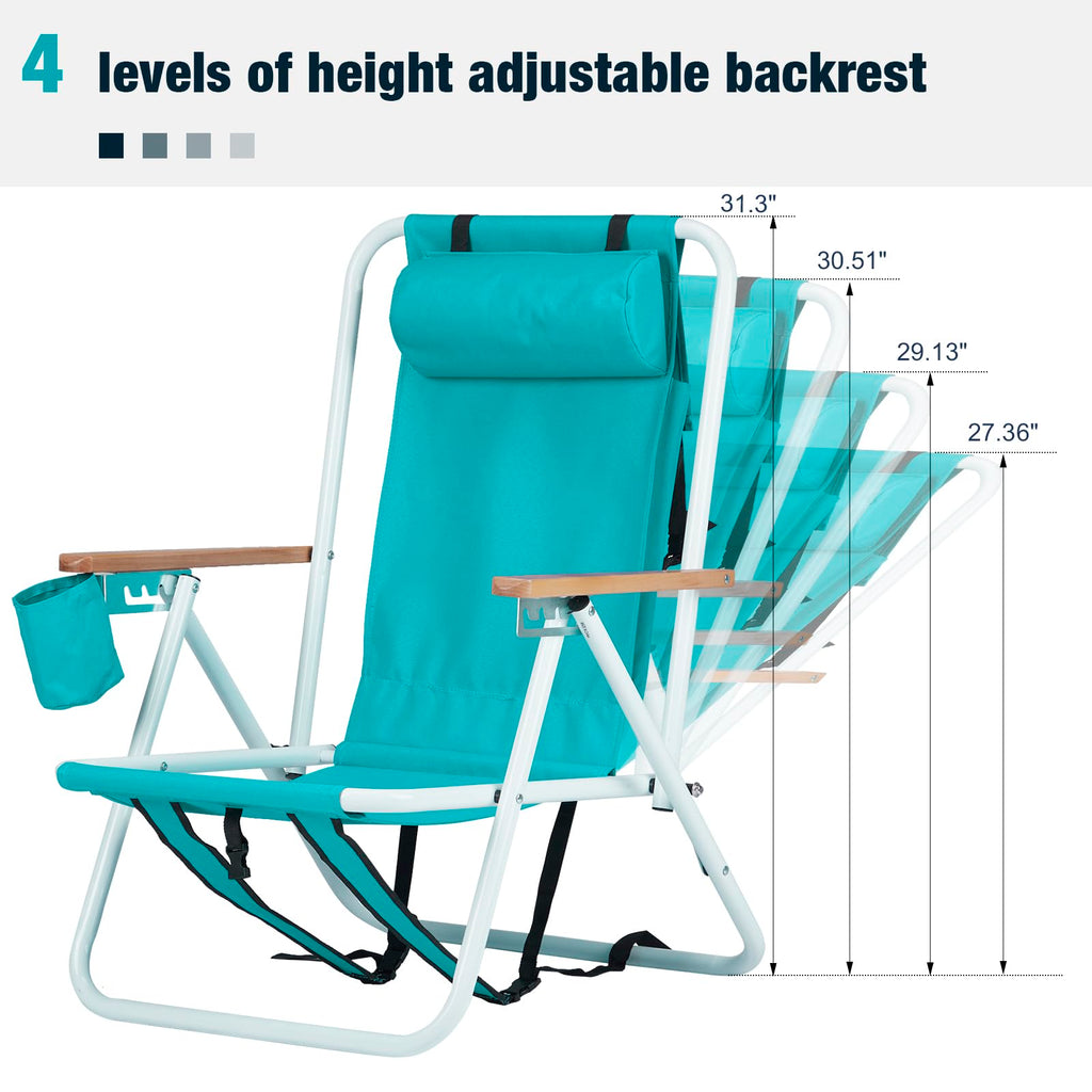 Set of 2 Folding Backpack Beach Chairs with Cup Holder (Green) J93754