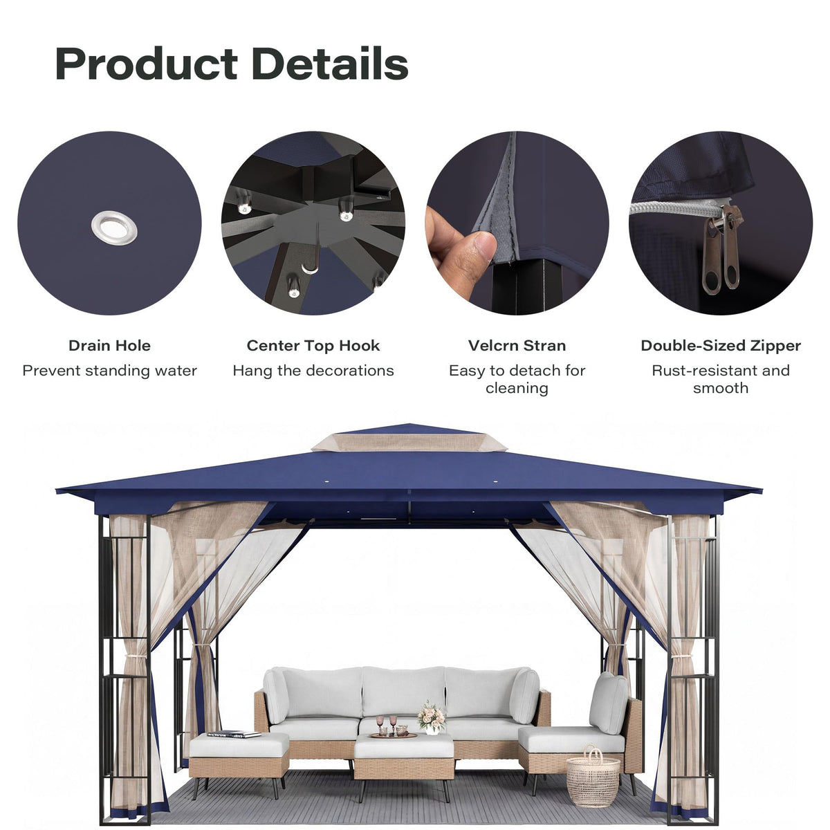 13' x 11' Navy Blue Outdoor Patio Gazebo with Mosquito Netting U3734
