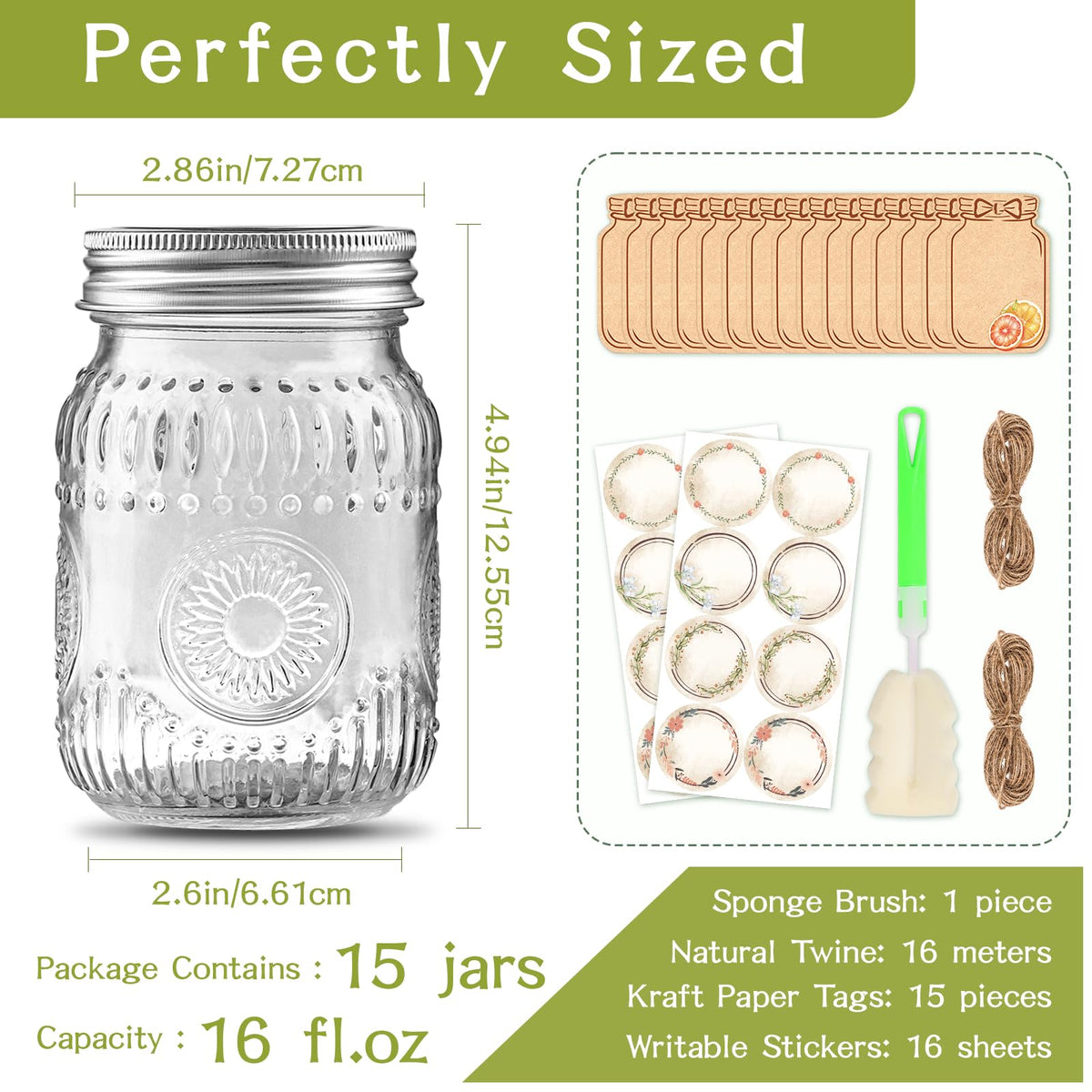 16 oz Embossed Glass Mason Jars 15Pack with Airtight Lids B763578