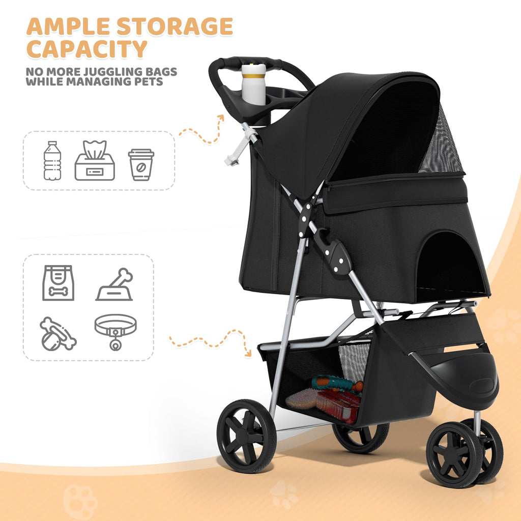 3-Wheel Pet Stroller for Small/Medium Dog Cat, Up to 33lbs, Black S7052