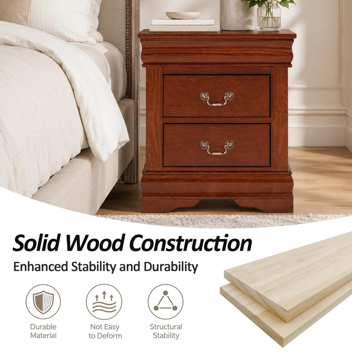 Cherry Wood Nightstands Set of 2 with Drawers I405