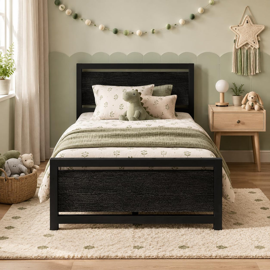 Twin Bed Frame with Headboard and Under-Bed Storage, Black H41849