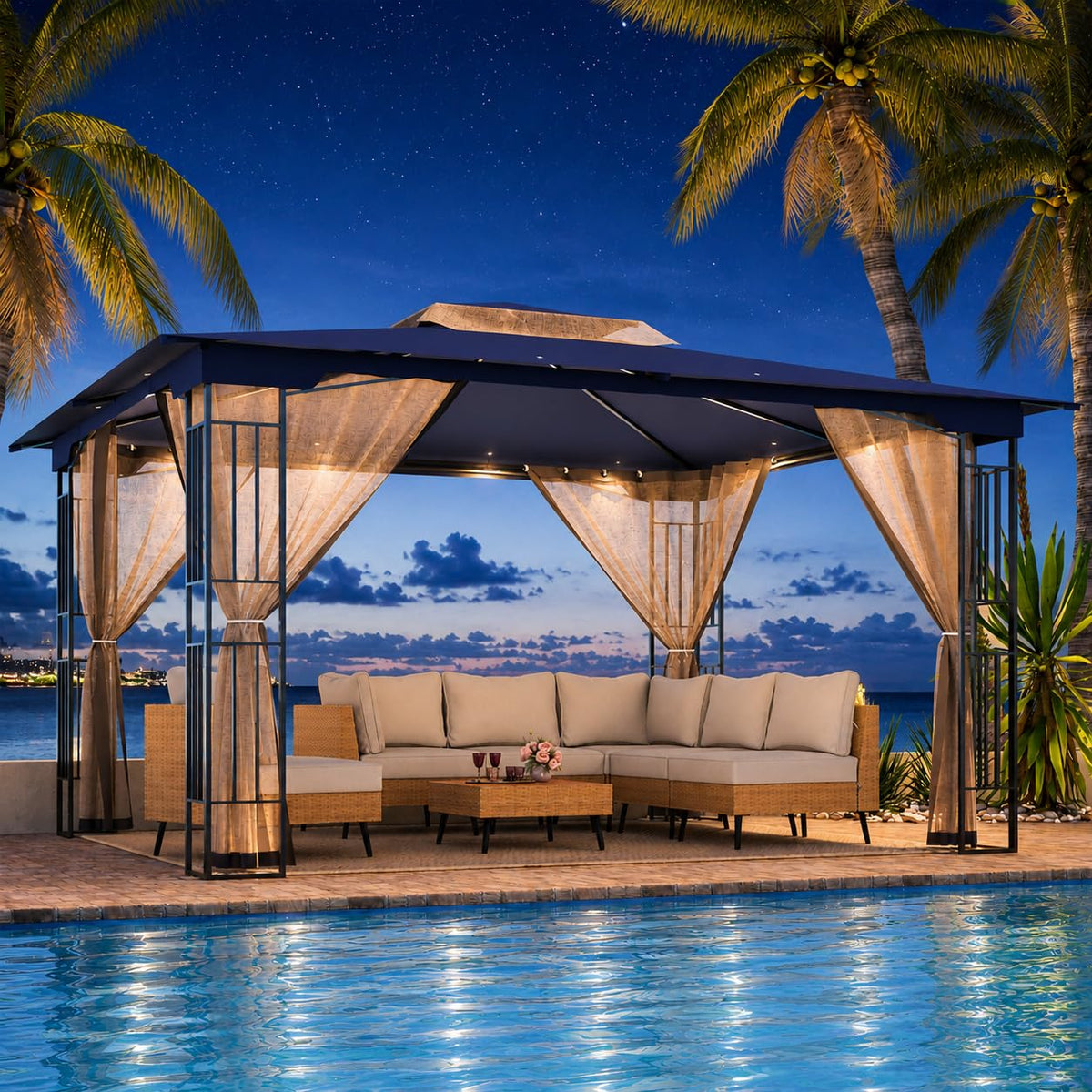 13' x 11' Navy Blue Outdoor Patio Gazebo with Mosquito Netting U3734