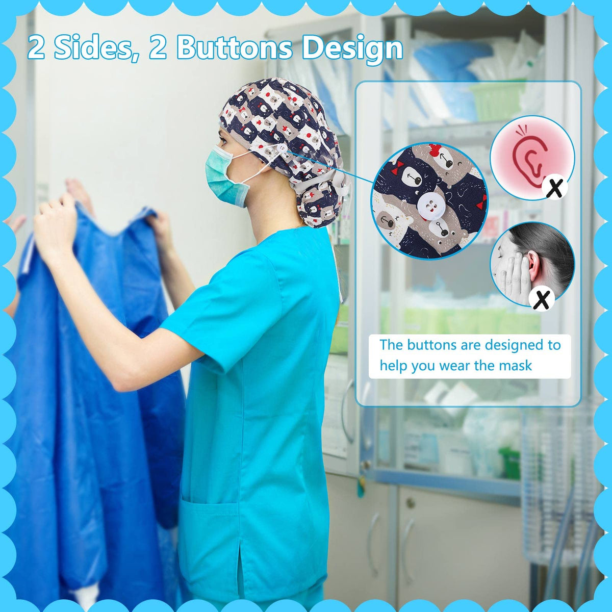 30 Pcs Scrub Caps with Buttons and Ribbon B68096