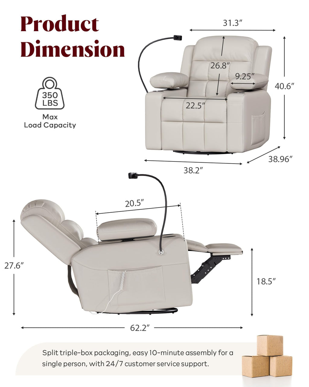 Power Swivel Recliner Chair with Motorized Adjustable Armrests X8493