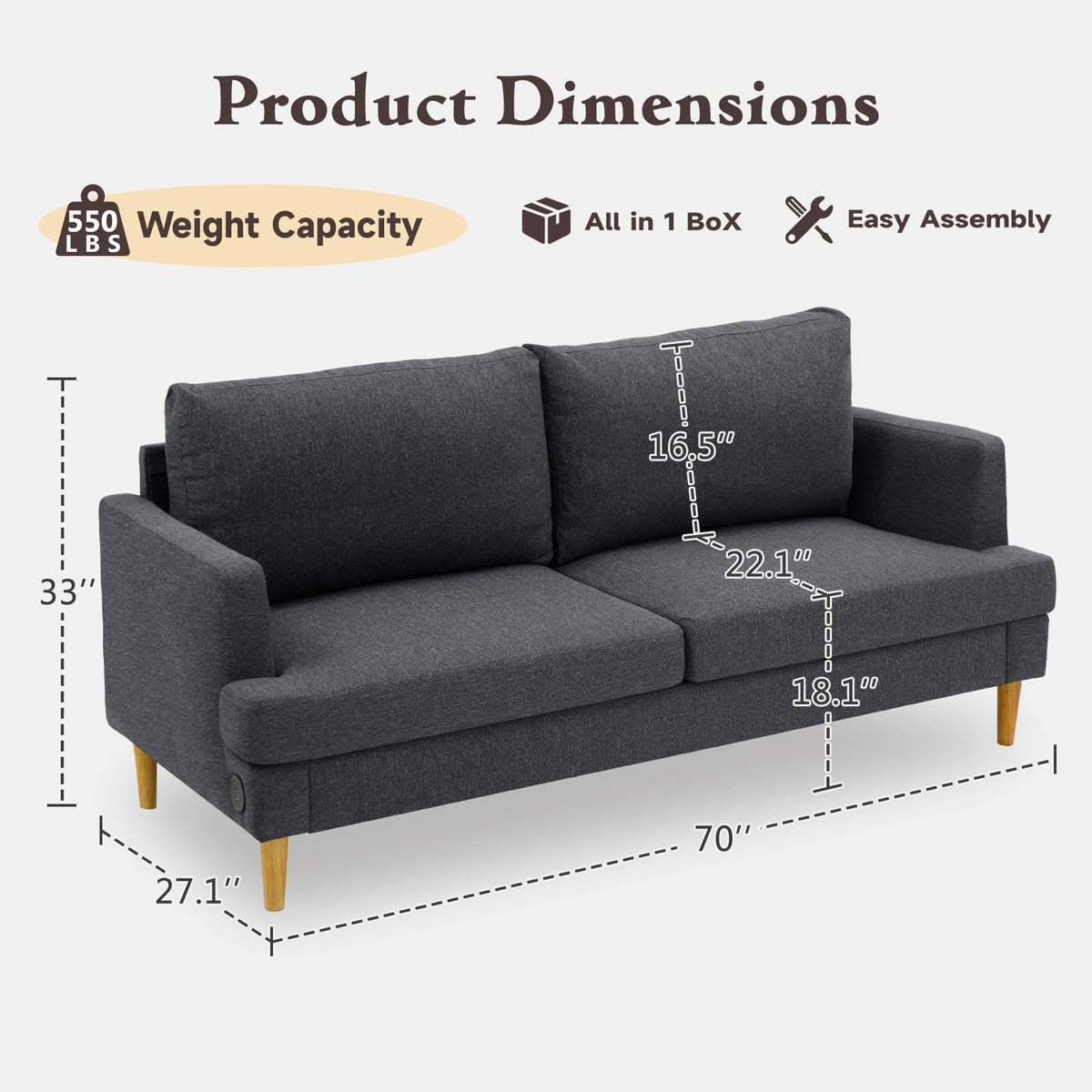 Dark Gray Upholstered 70" Loveseat Sofa B57902