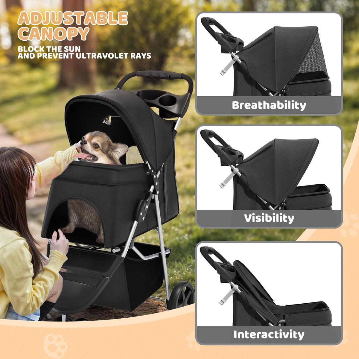 3-Wheel Pet Stroller for Small/Medium Dog Cat, Up to 33lbs, Black S7052
