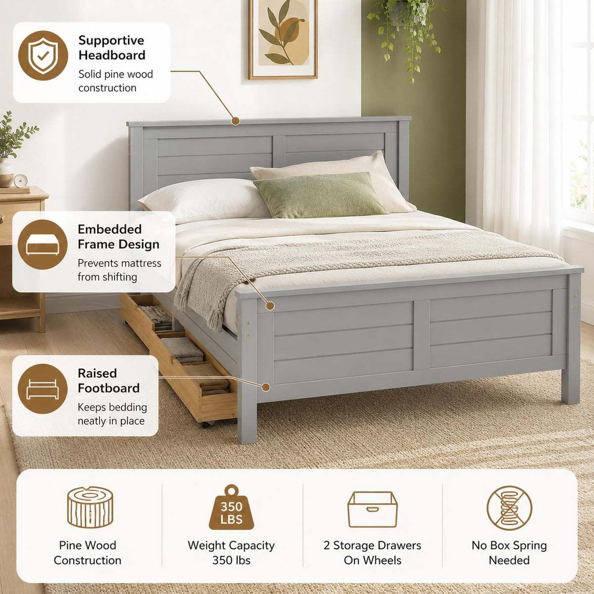 Wood Bed Frame with 2 Drawers & Headboard U924